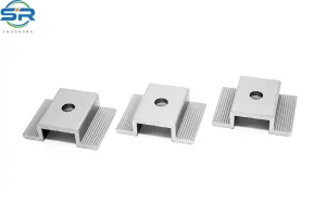 Front view of SR Solar MC03 mid clamp, high-quality aluminum solar panel fastener