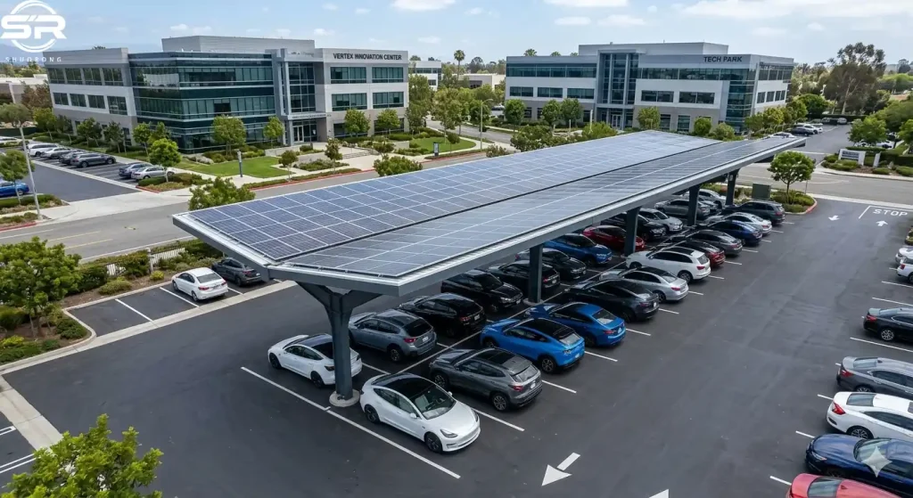 Aerial drone view of a commercial single-pole solar carport system manufactured by SR Solar, featuring streamlined engineering and integrated PV modules for corporate parking lots.