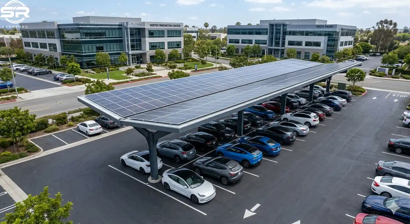 Aerial drone view of a commercial single-pole solar carport system manufactured by SR Solar, featuring streamlined engineering and integrated PV modules for corporate parking lots.