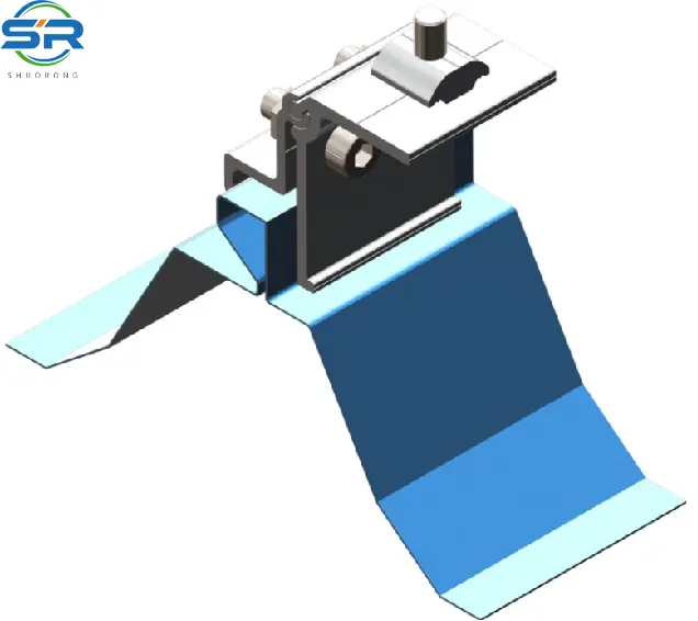 Detailed rendering of SR Solar metal roof clamp with EPDM rubber padding
