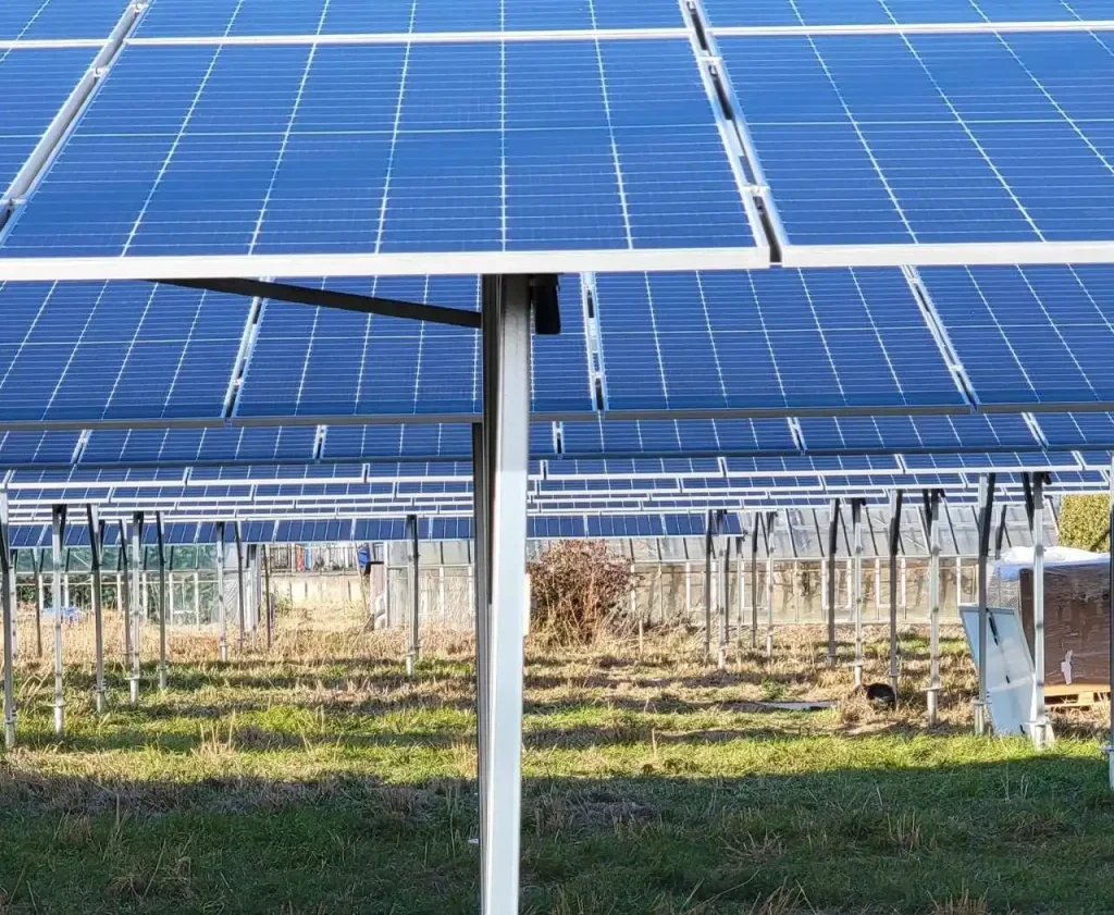 Close-up of SR Solar aluminum mounting rails and high-clearance pillars for agrivoltaic integration