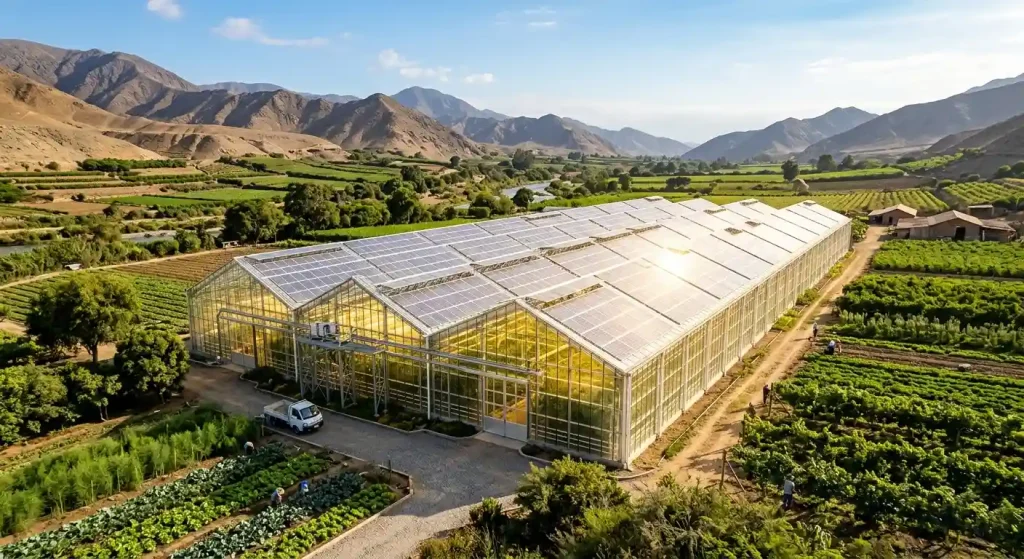A large-scale modern agricultural greenhouse in a Peruvian coastal valley, utilizing SR Solar mounting systems to integrate semi-transparent solar panels on the roof at sun
