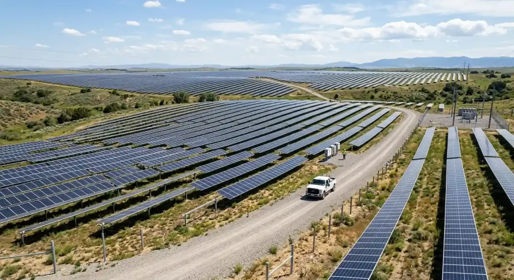 Large-scale solar farm featuring SR Solar ground mounting solutions on rolling hills, engineered by a leading solar racking manufacturer
