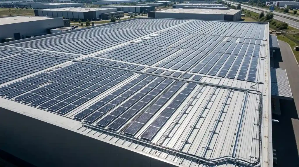 Wide-angle drone view of a professional C&I rooftop solar installation featuring SR Solar mounting solutions for large-scale industrial plants