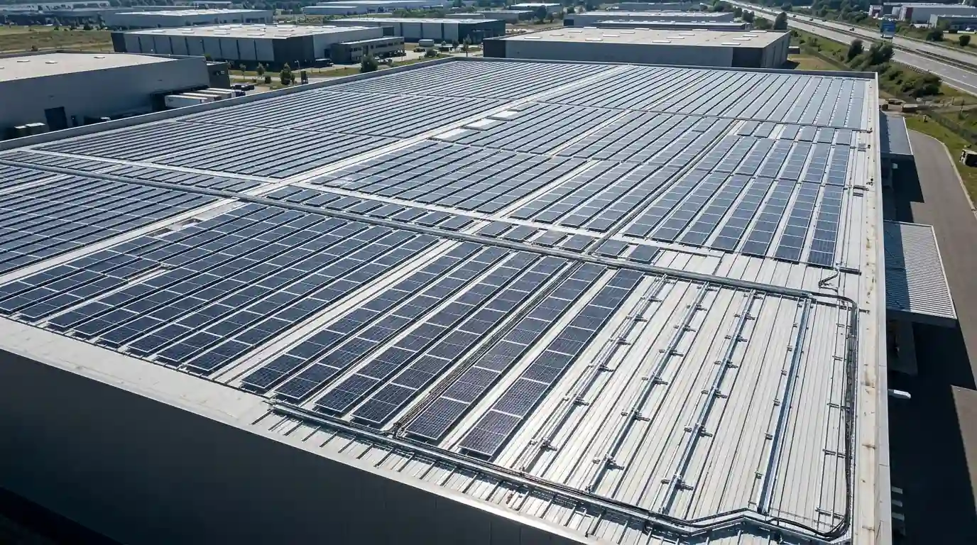 Wide-angle drone view of a professional C&I rooftop solar installation featuring SR Solar mounting solutions for large-scale industrial plants