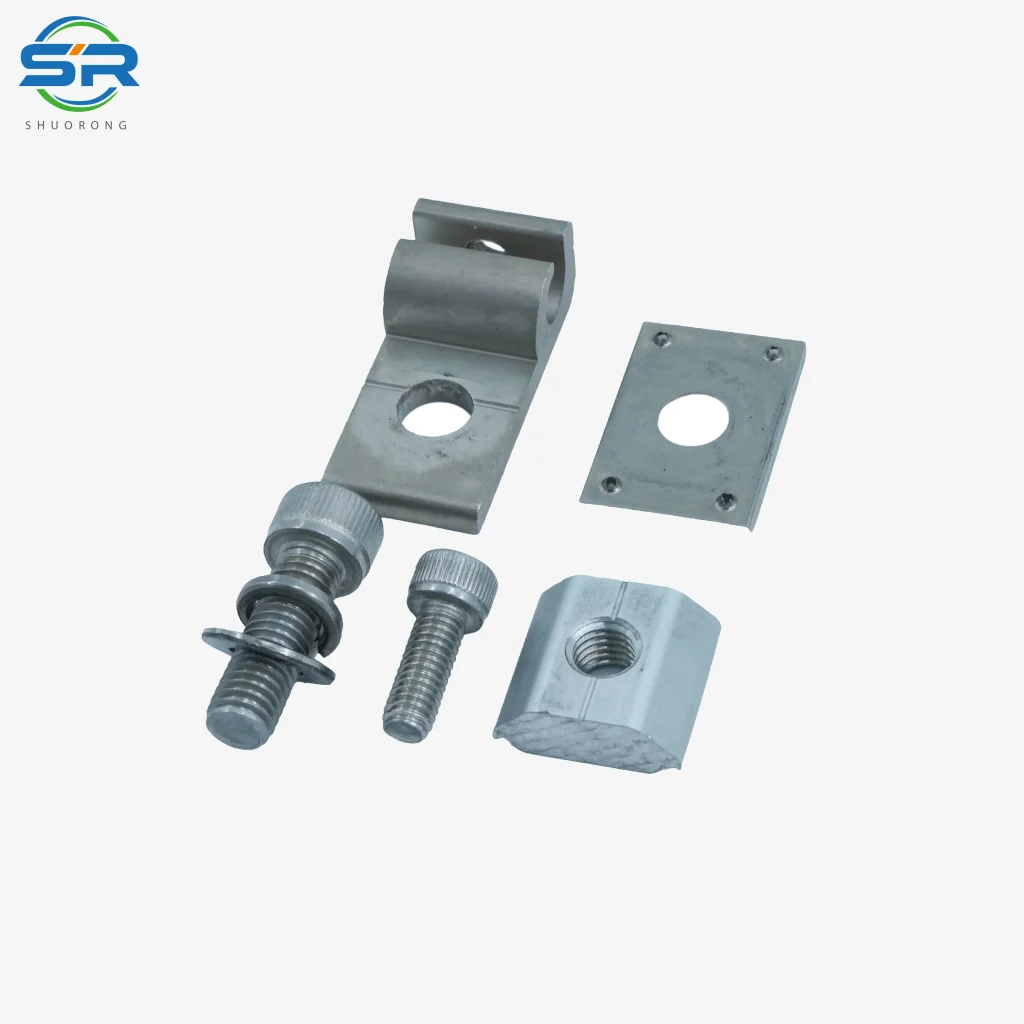 Exploded view showing individual components of the SR Solar GL01-18B grounding kit: stainless steel bolt, washer, and lug