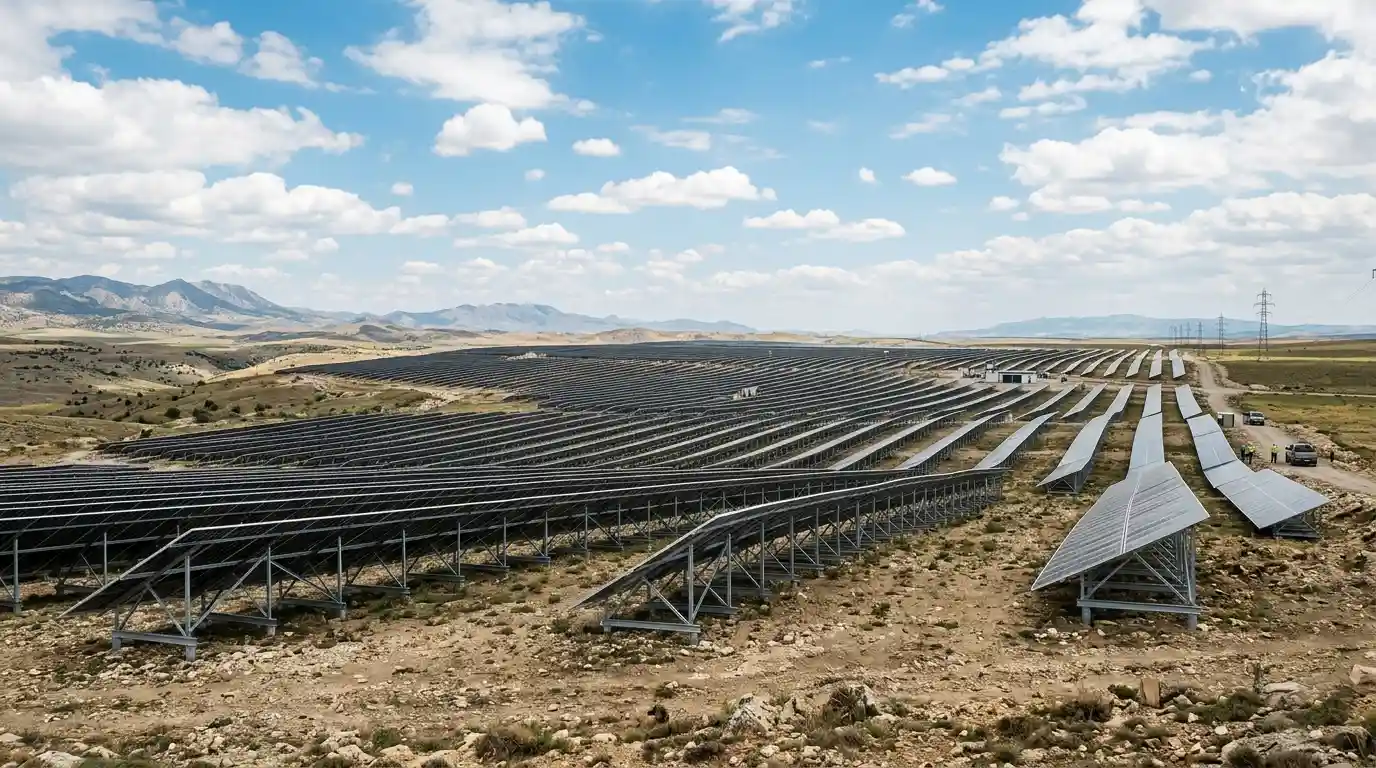 Wide-angle view of a large-scale solar farm in Anatolia, Turkey, utilizing SR Solar high-quality ground mounting structures
