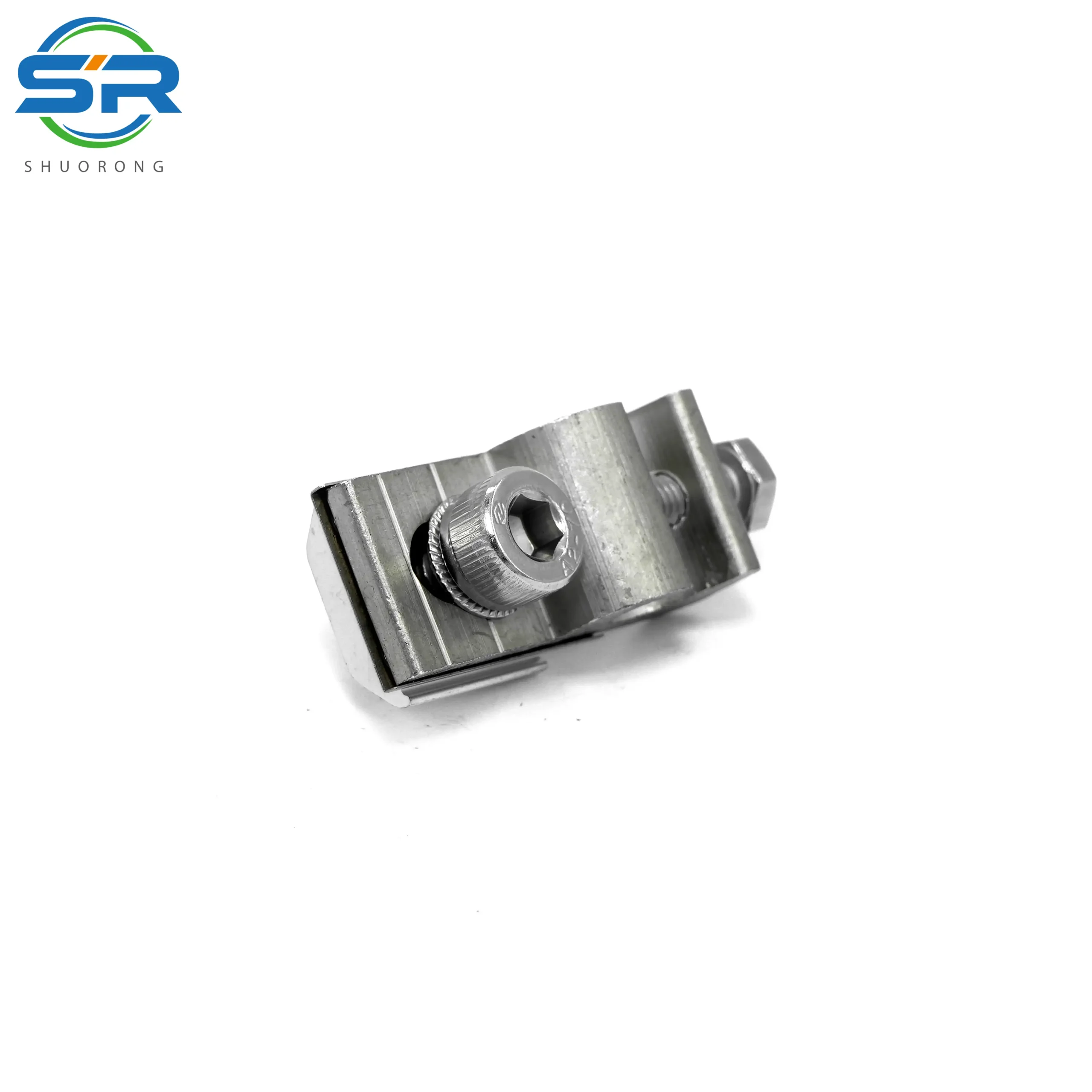 Bottom view of the SR Solar GL01-18B grounding lug showing the surface for rail contact