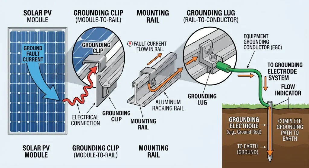 SR Solar professional grounding clip and mounting rail assembly diagram for solar PV modules showing equipment grounding conductor (EGC) and electrode path