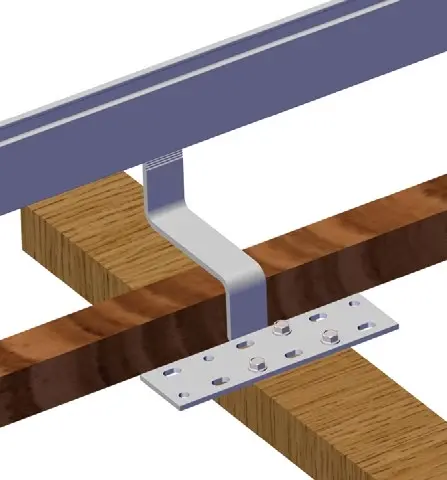 A detailed 3D rendering showing an SR Solar stainless steel tile roof hook securely attached to a wooden rafter beneath terracotta roof tiles
