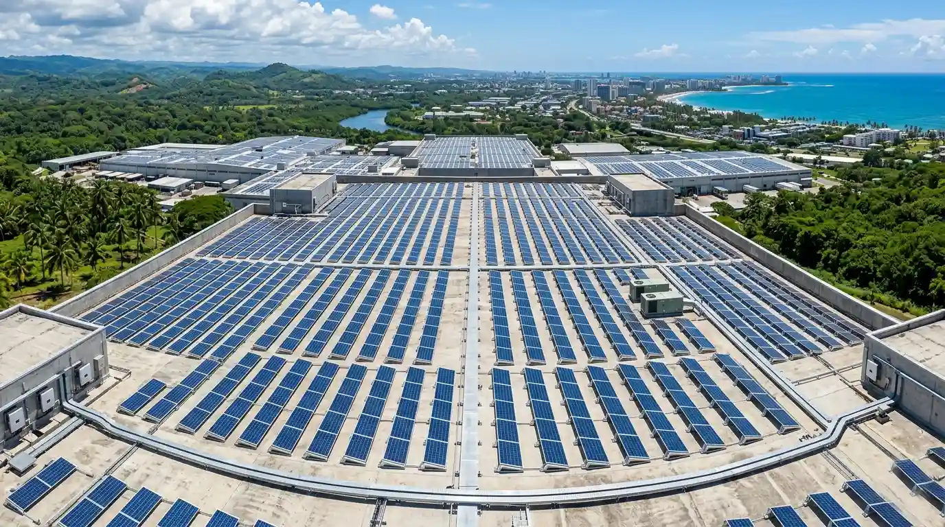 Large-scale C&I solar installation on a concrete flat roof featuring SR Solar aluminum adjustable triangle mounting systems in a tropical environment