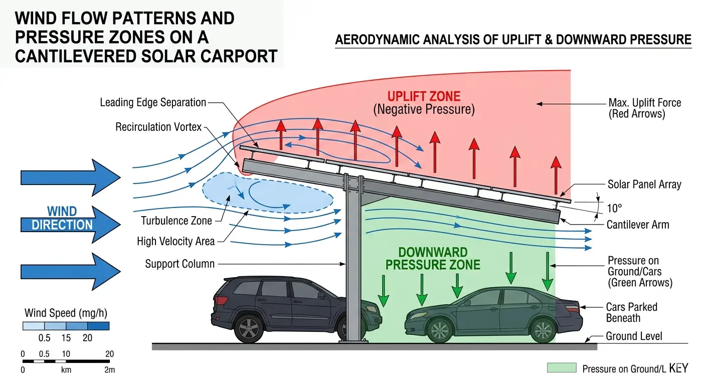 Aerodynamic wind flow analysis of a cantilevered solar carport mounting system by SR Solar, demonstrating uplift and downward pressure zones for engineering safety