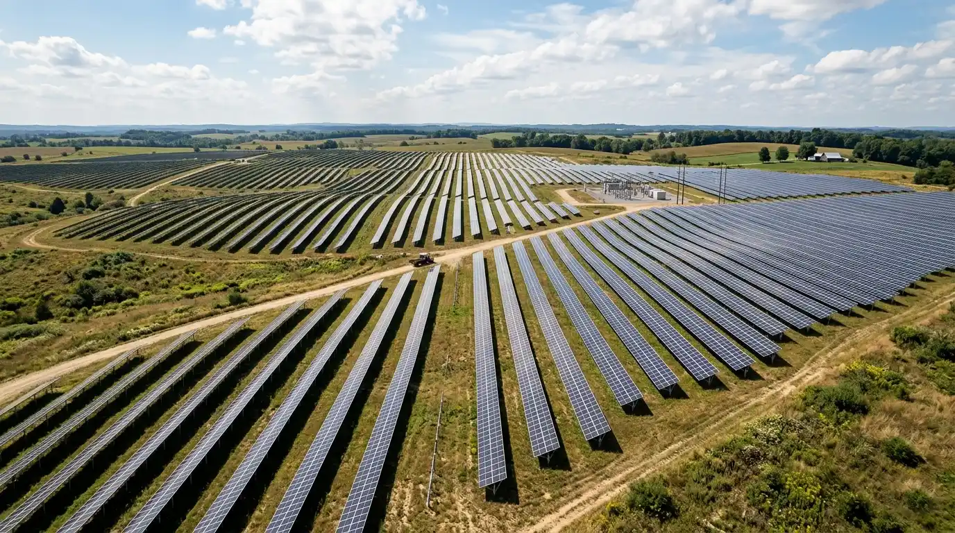 A large-scale ground-mounted solar farm featuring rows of high-strength aluminum mounting structures engineered by SR Solar