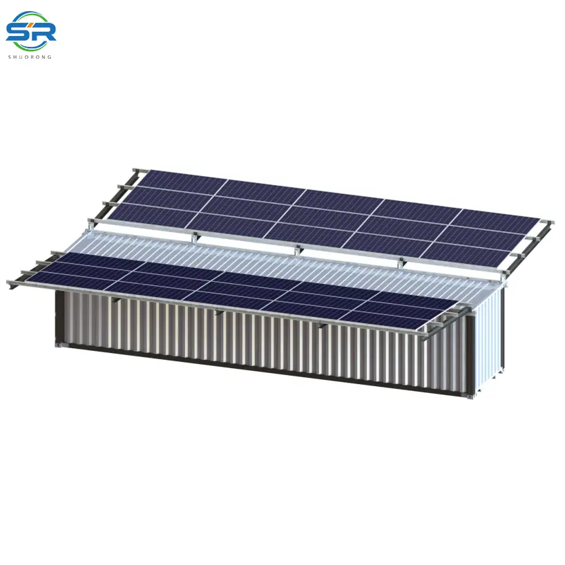 SR Solar solar mounting frame with cantilevered wings attached to a shipping container