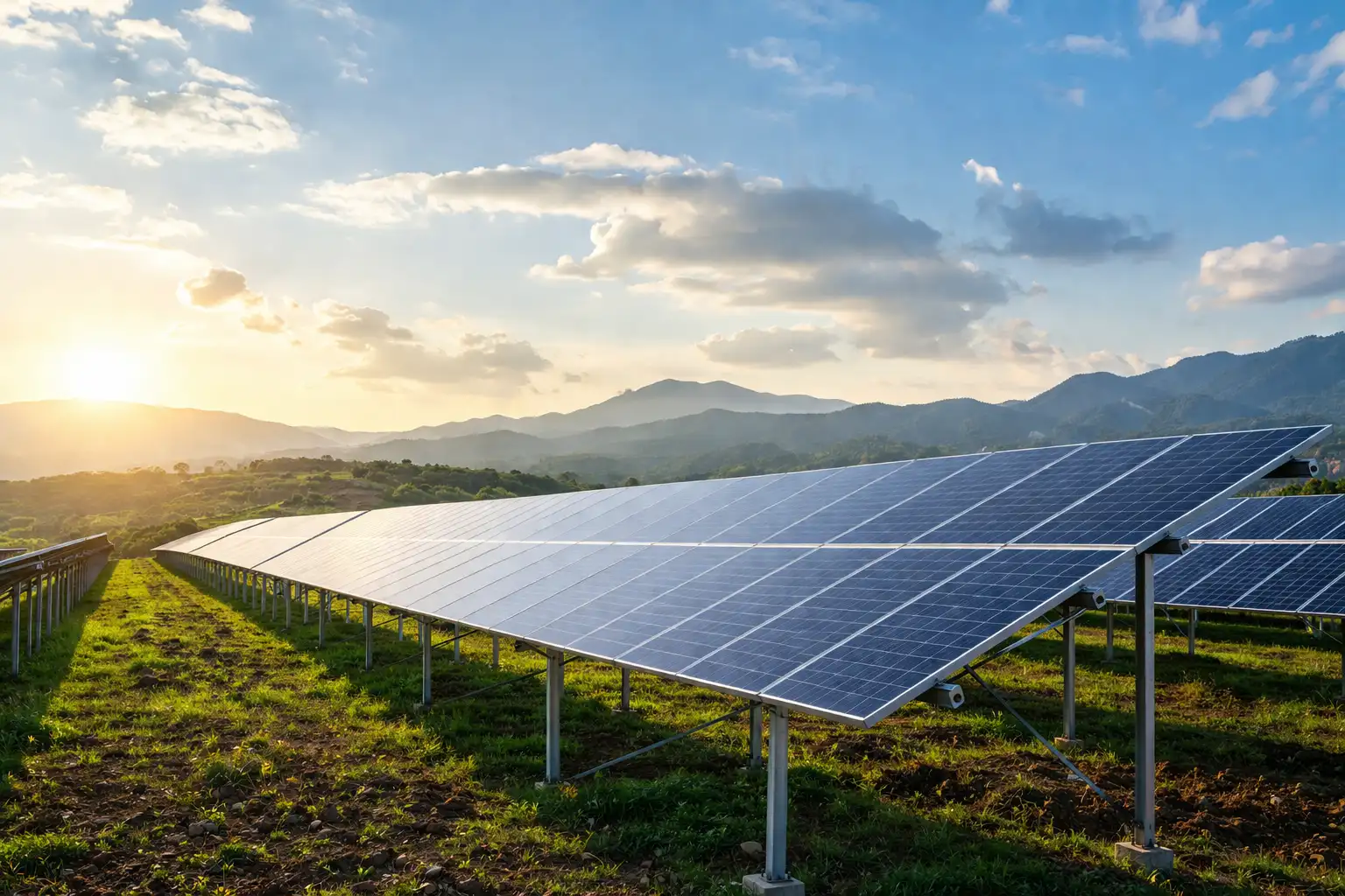 SR Solar large-scale ground mount solar panel installation in a mountainous region, showcasing durable aluminum mounting structures designed by an expert manufacturer for EPC projects