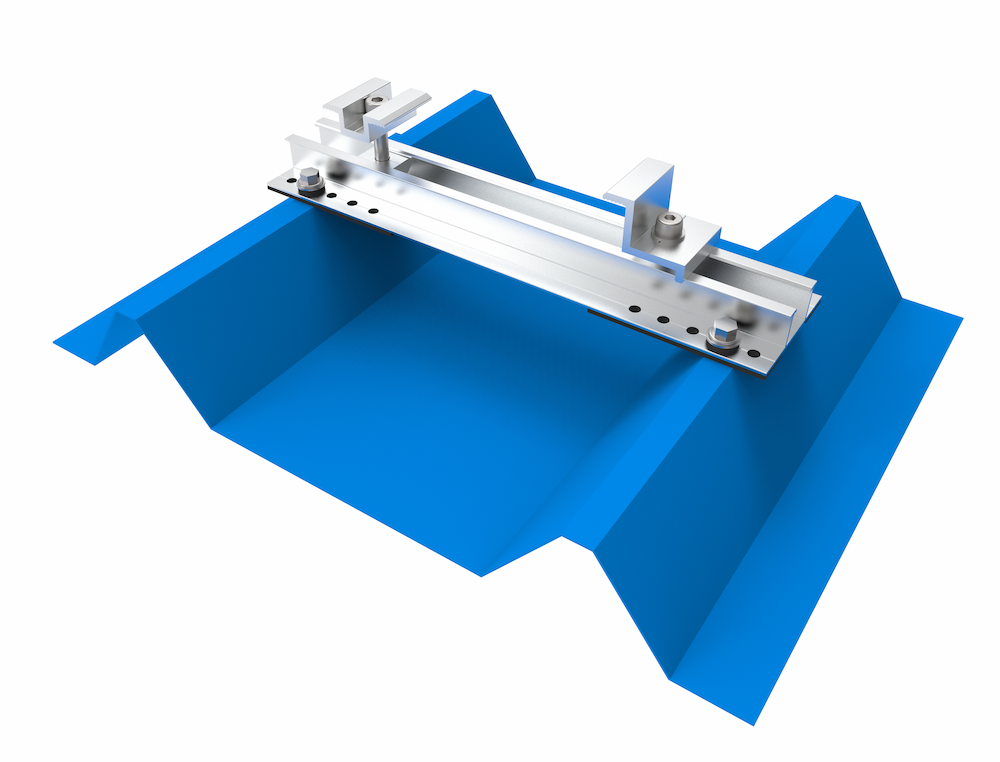 SR Solar H22 MiniRail securely fixed to a trapezoidal metal roof, 3D simulation for solar EPC project planning