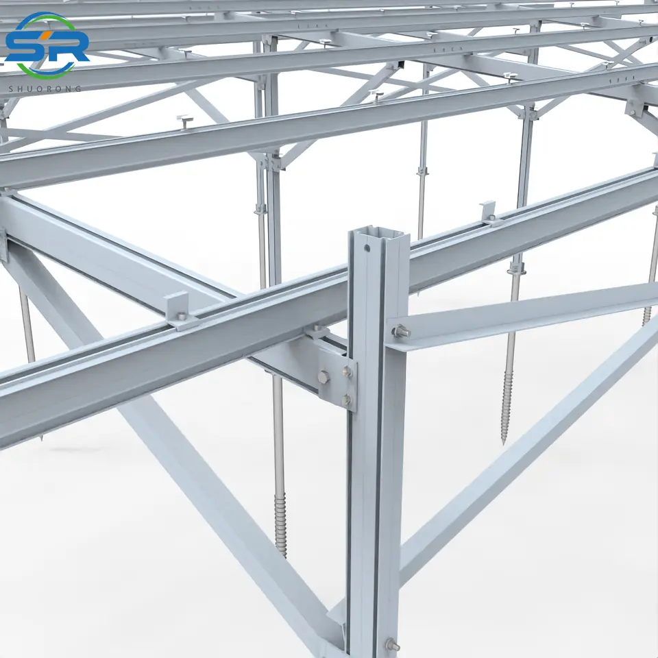 Full assembly view of SR Solar mounting components including rails, beams, and posts