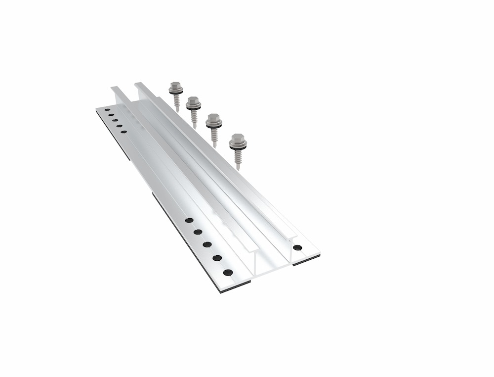 Right view 3D rendering of SR Solar H22 MiniRail bracket, showcasing the sleek profile and pre-drilled holes for rapid deployment