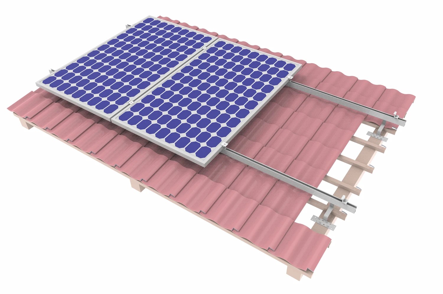 Full view of SR Solar rooftop PV mounting structure installed on a tile roof, including SR Solar tile hooks