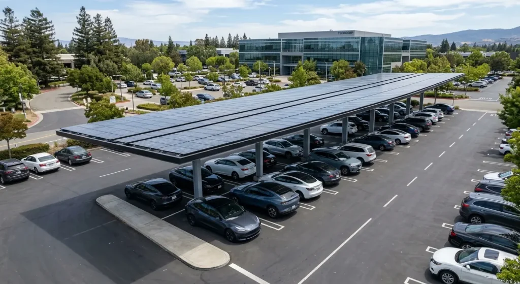 High-angle view of a modern corporate parking lot equipped with SR Solar single-column solar carports, featuring a sleek cantilever design with no front pole obstructions for easy vehicle parking
