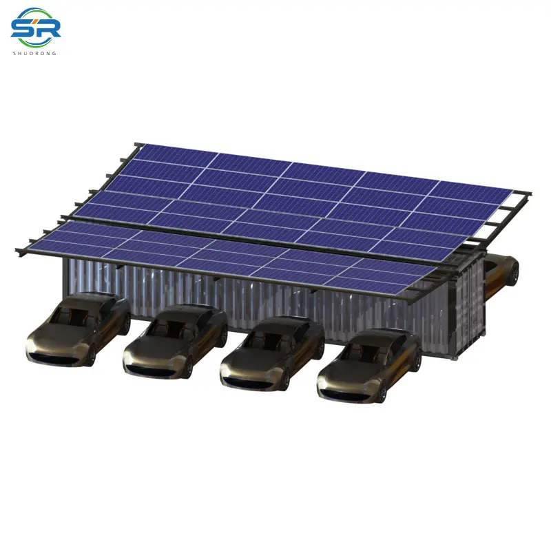 SR Solar commercial solar carport system sheltering multiple vehicles using a container-based mounting frame