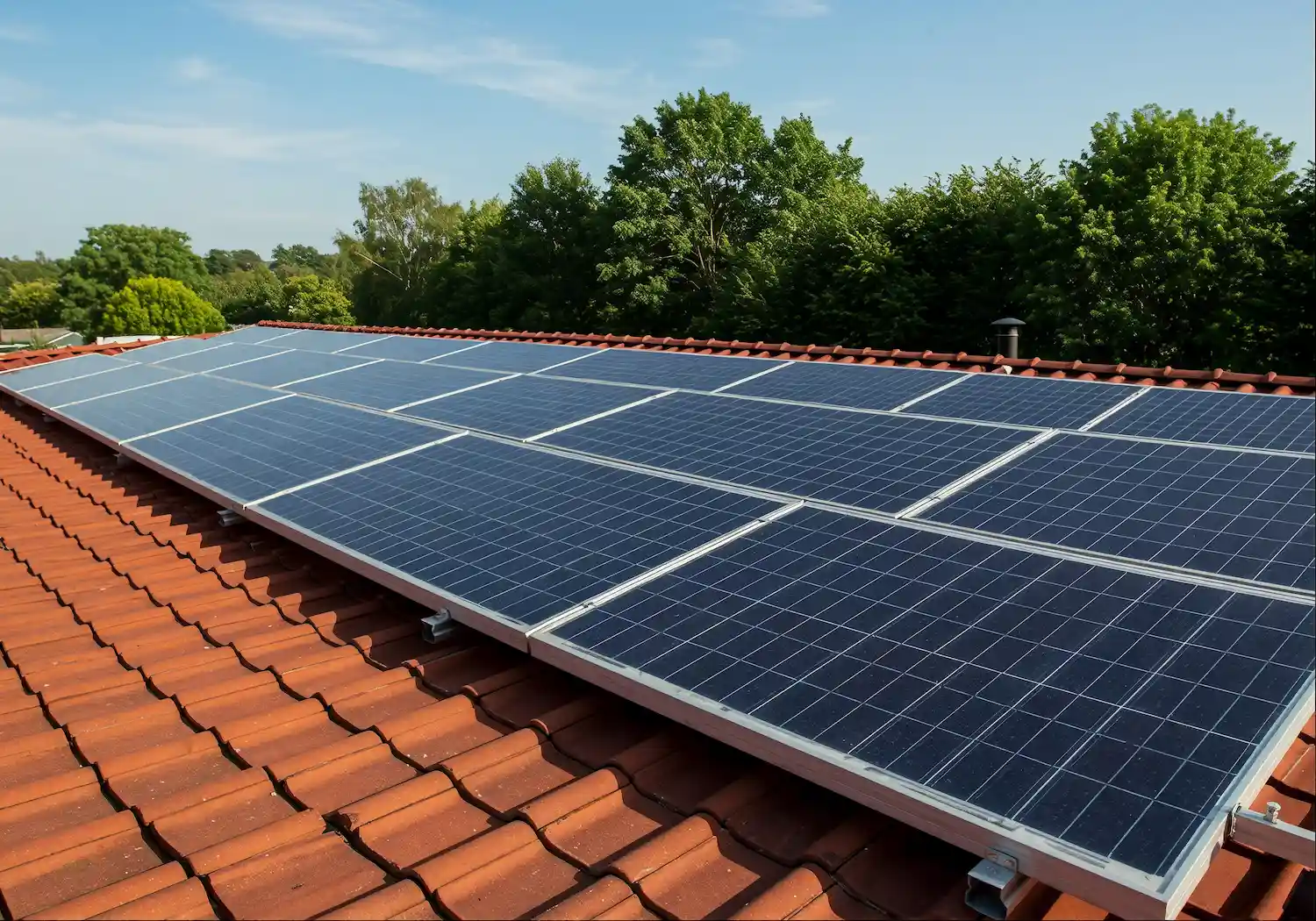 SR Solar tile roof mounting system installed on a red tiled residential rooftop, showing stainless steel hooks and aluminum rails from China manufacturer