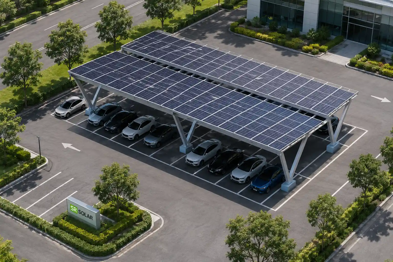 Commercial solar carport mounting solutions manufactured by SR Solar factory, featuring durable steel structures installed in an enterprise parking lot