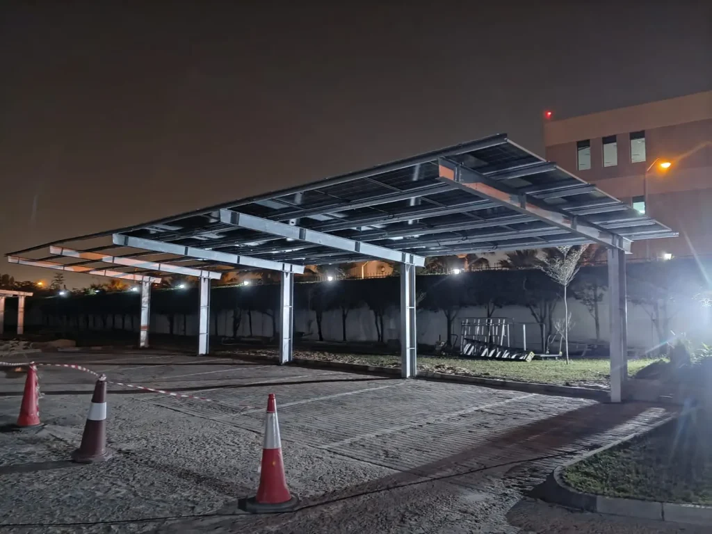 SR Solar commercial solar carport mounting system installed in a UAE parking lot project, manufactured by a leading solar racking factory