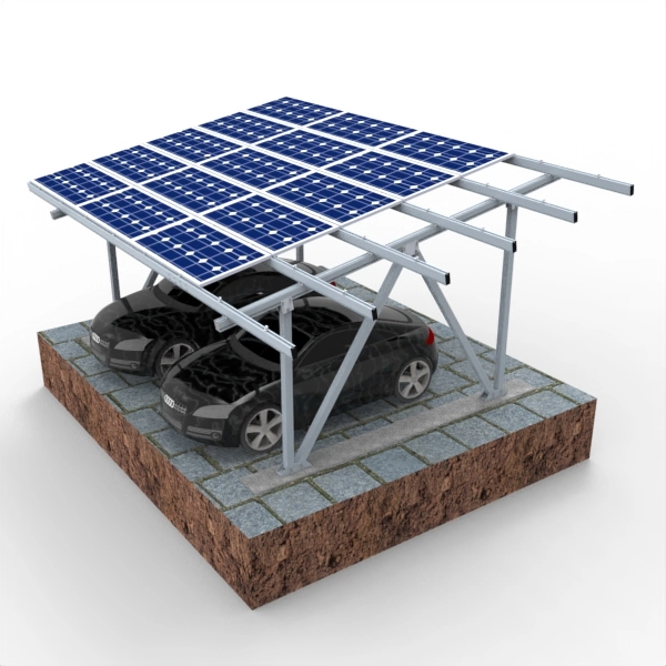 Rear view of SR Solar aluminum carport racking factory design showing support beams and solar rail installation