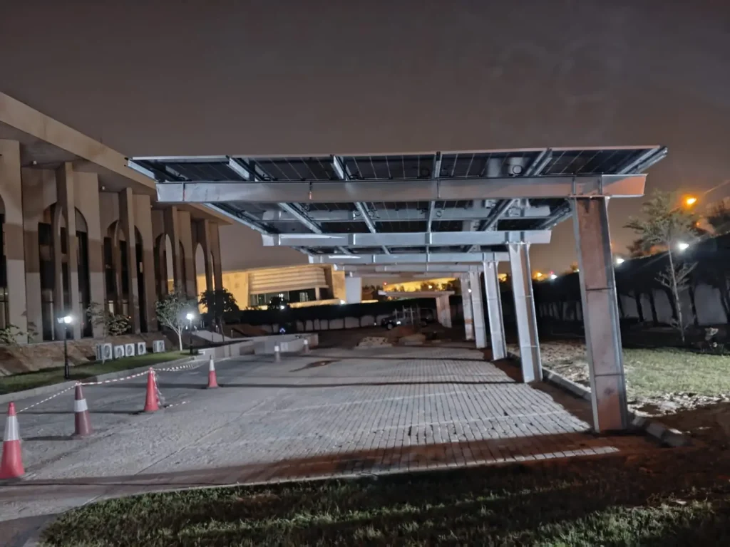 Close-up of SR Solar waterproof solar carport structure and mounting rails from an engineering project in the UAE
