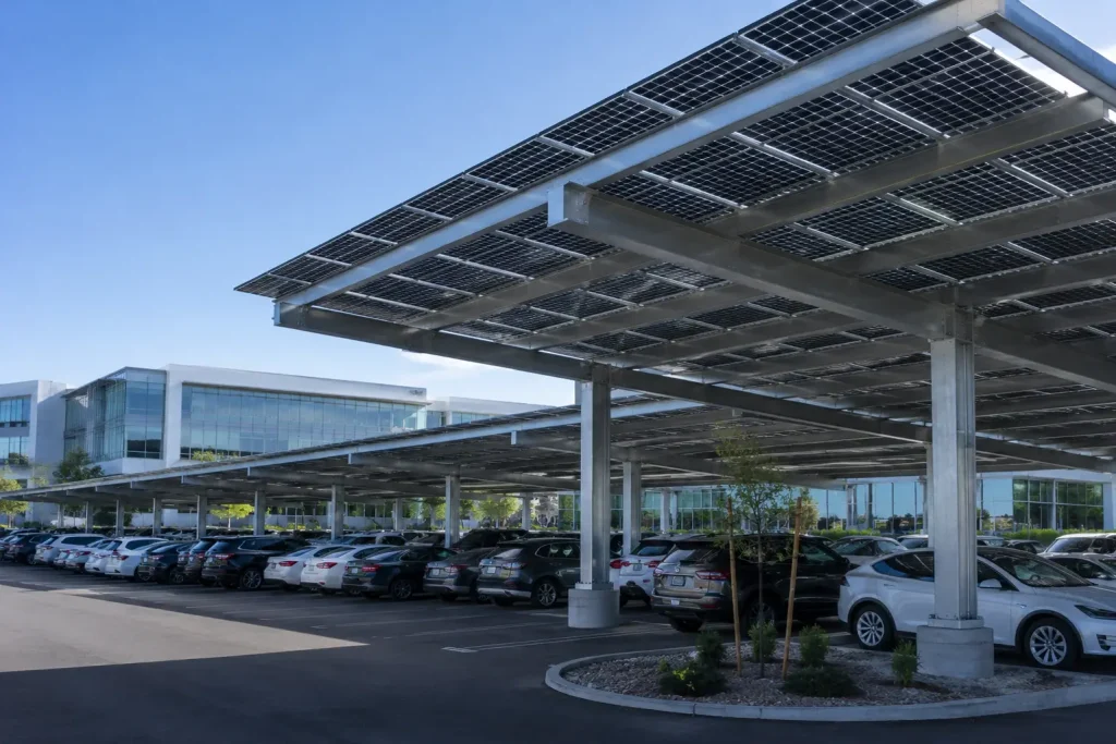 SR Solar heavy-duty commercial solar carport mounting system installed in an office park parking lot, supplied by a professional racking manufacturer