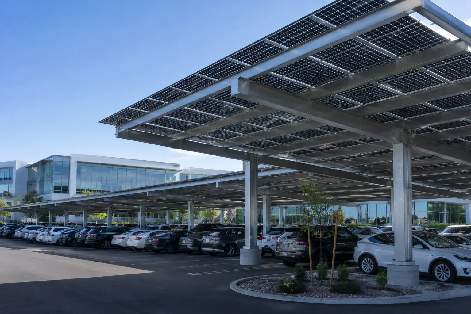 SR Solar heavy-duty commercial solar carport mounting system installed in an office park parking lot, supplied by a professional racking manufacturer