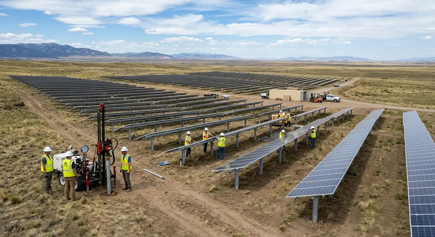 SR Solar industrial-grade ground mounting system with driven pile foundation for large-scale utility solar farm projects