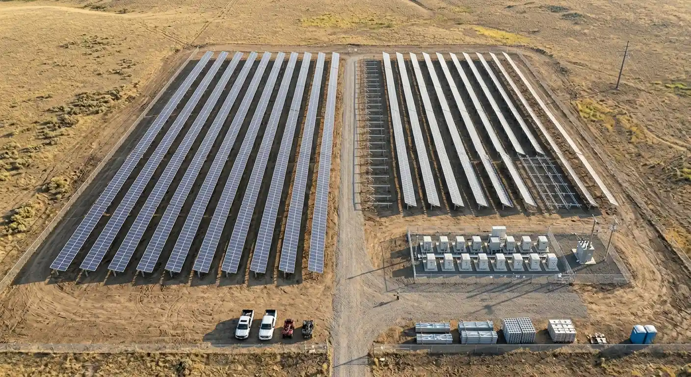 Aerial view of a utility-scale solar farm installation using SR Solar ground mounting systems, featuring professional engineering and manufacturer-grade components