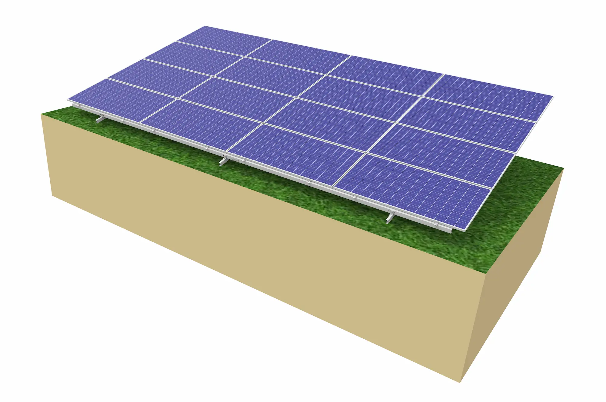 SR Solar ground mounting system with aluminum racking structures and solar panels installed on a grass field matrix