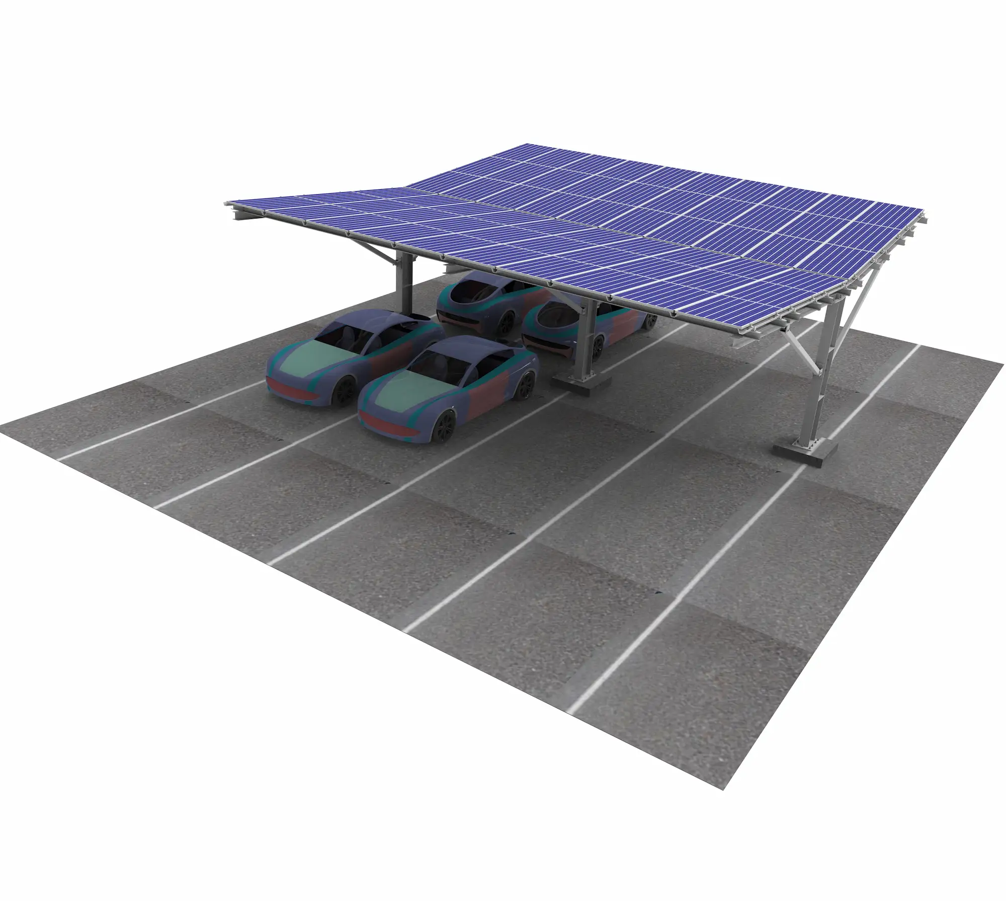 Industrial single post solar carport mounting system engineered by SR Solar, hosting multiple vehicles under a heavy-duty photovoltaic canopy.