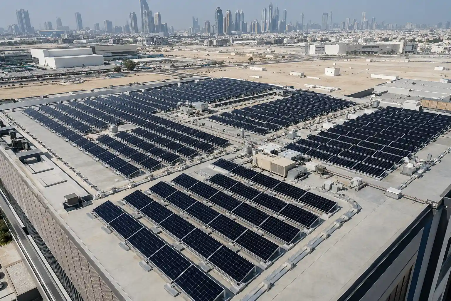 Large-scale commercial flat rooftop solar mounting solutions manufactured by SR Solar, featuring an extensive industrial photovoltaic panel installation overseen by a leading solar racking factory.
