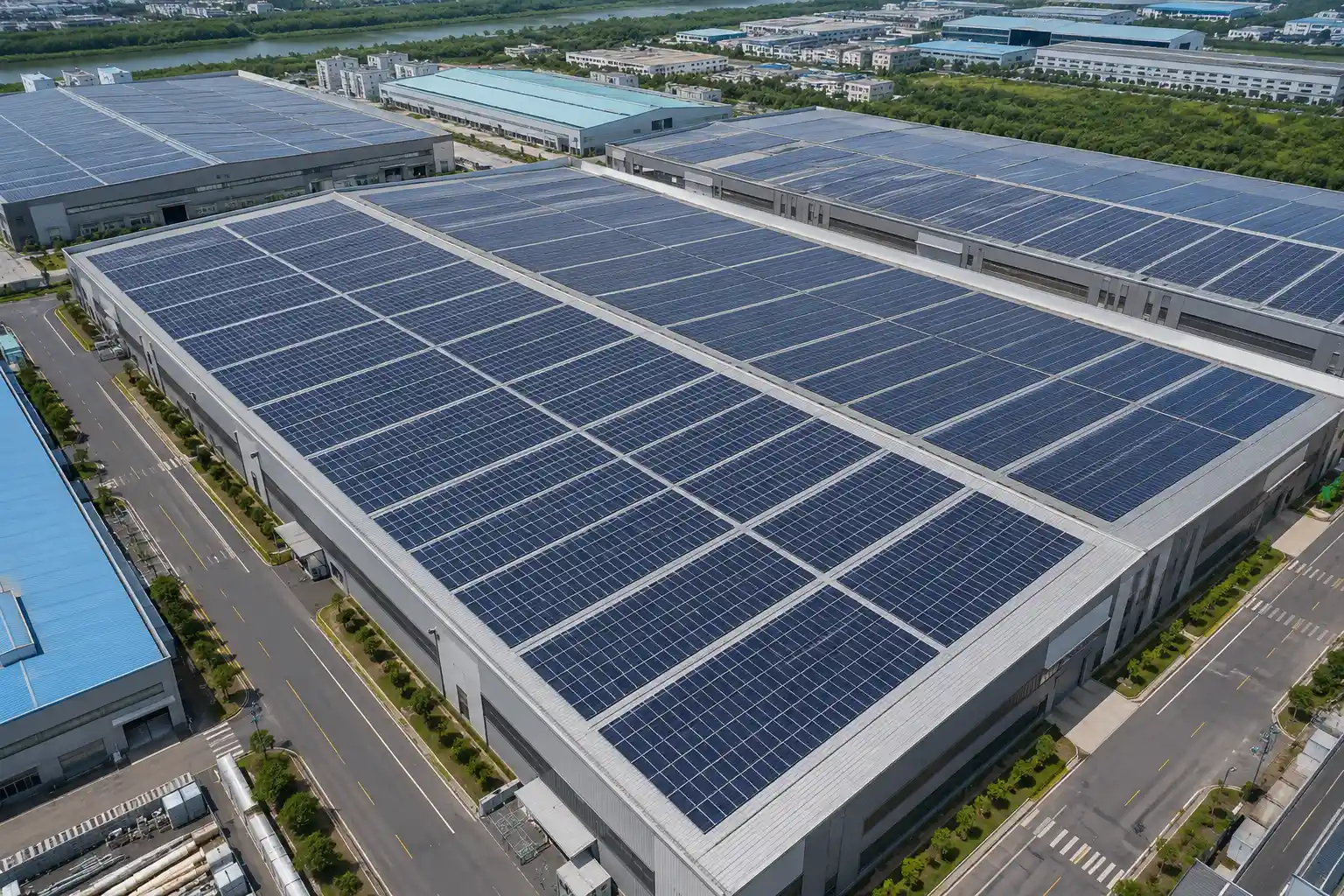 Aerial view of a large-scale industrial rooftop featuring commercial solar mounting solutions manufactured by SR Solar factory.