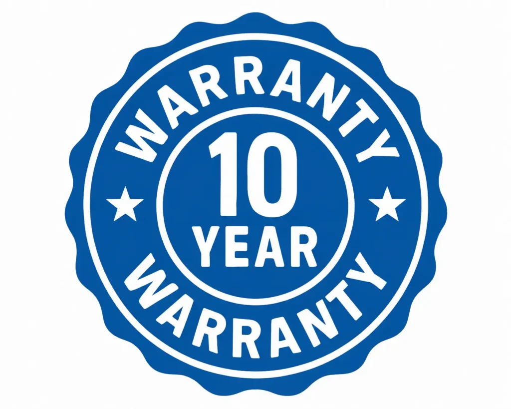 Official 10-year warranty stamp for commercial solar mounting solutions manufactured by SR Solar factory