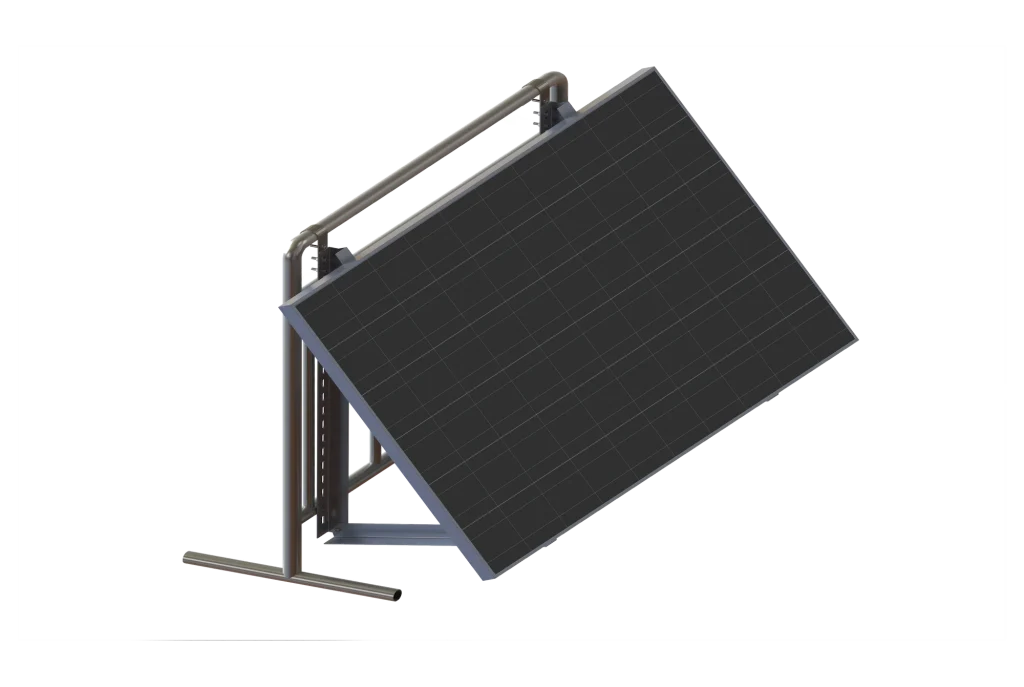 Side-rear view of SR Solar adjustable balcony solar system showcasing customizable tilt struts and heavy-duty locking bolts.
