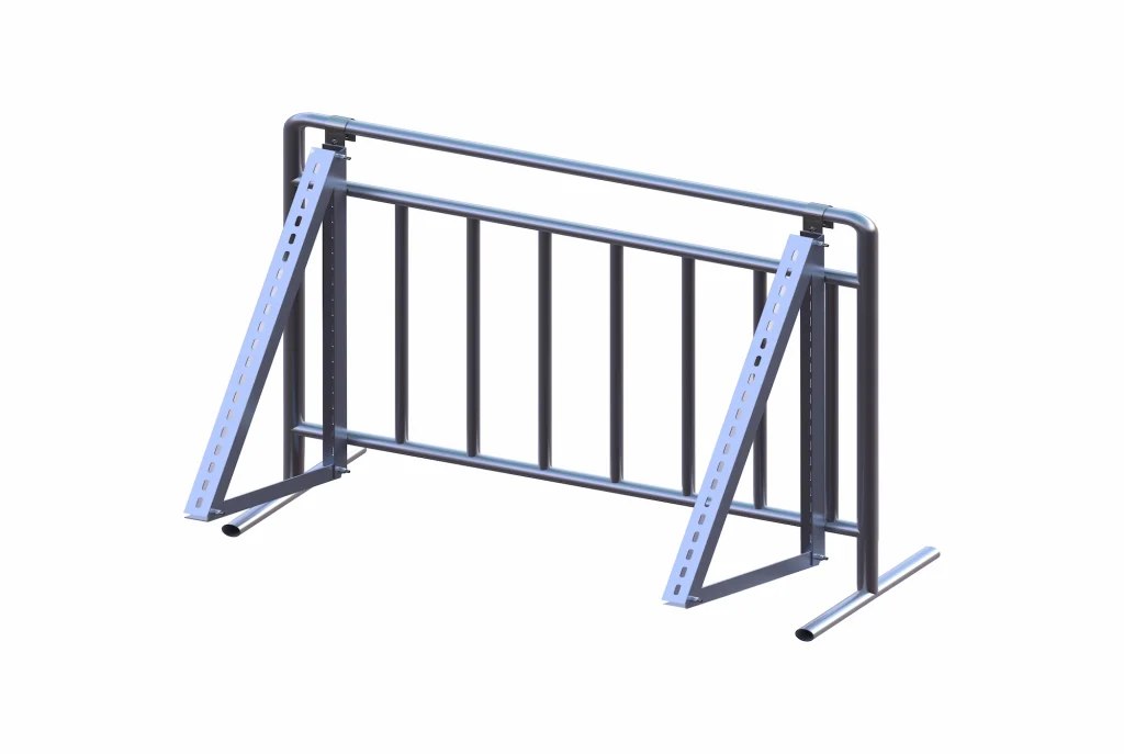 SR Solar adjustable anodized aluminum balcony solar mounting structure attached to a metallic railing framework.
