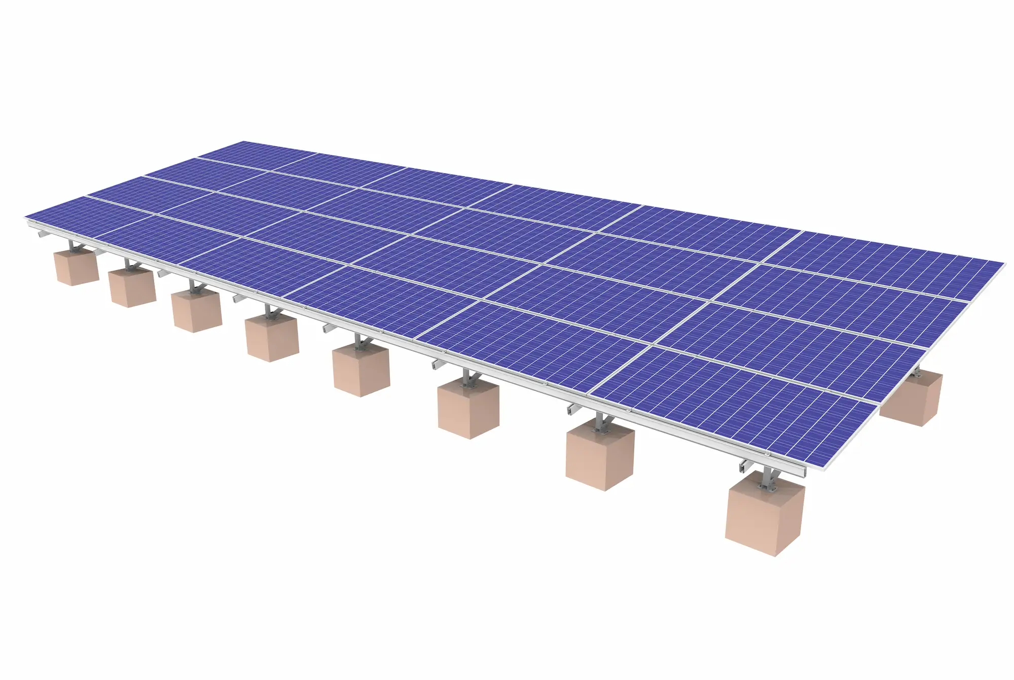 SR Solar AL6005-T5 aluminum ground mounting structures with precast concrete block foundation rendering for flat roof and utility solar projects.