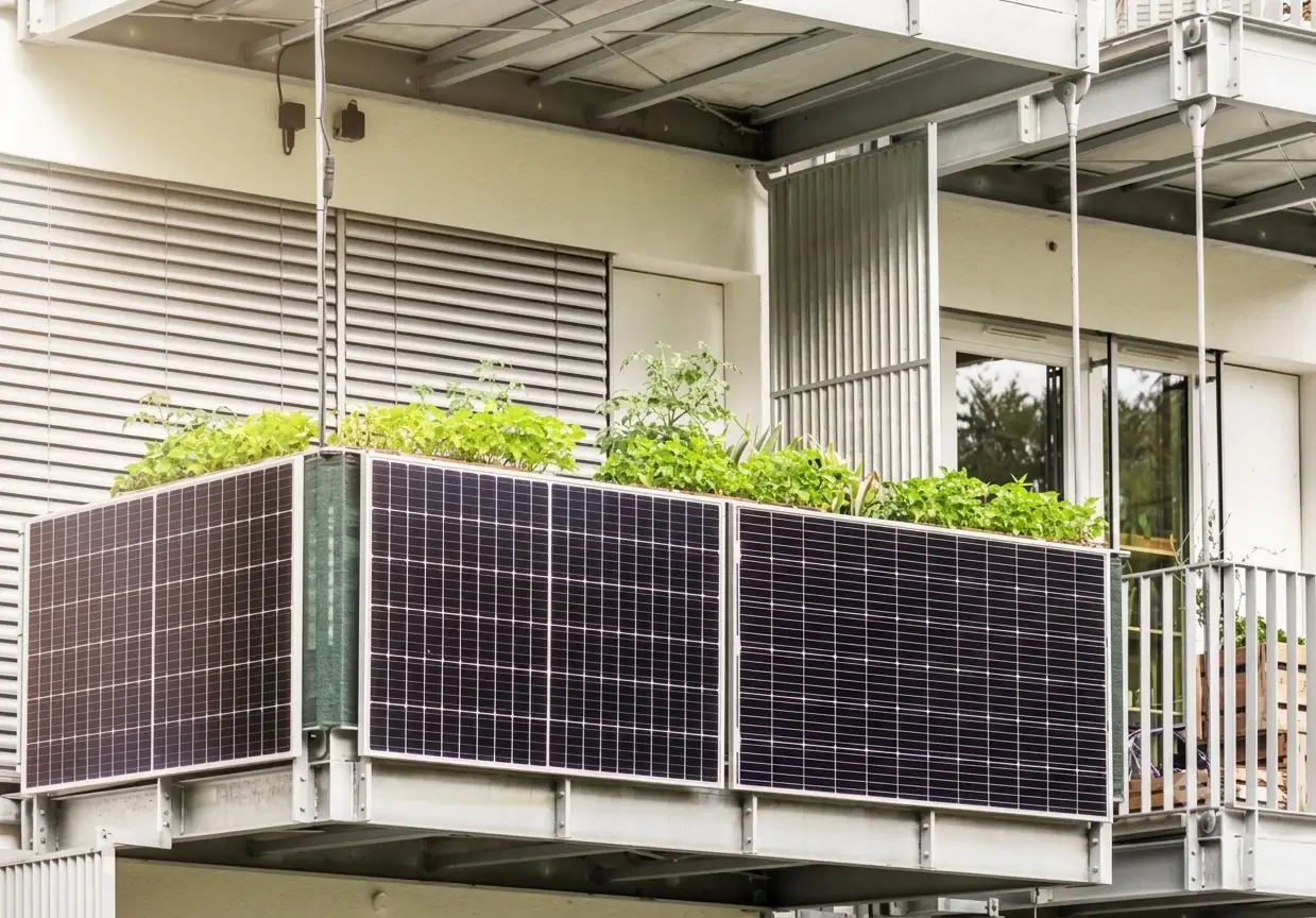 A apartment balcony with solar panels mounted on the railing, using SR Solar balcony PV mounting systems, overlooking other balconies.