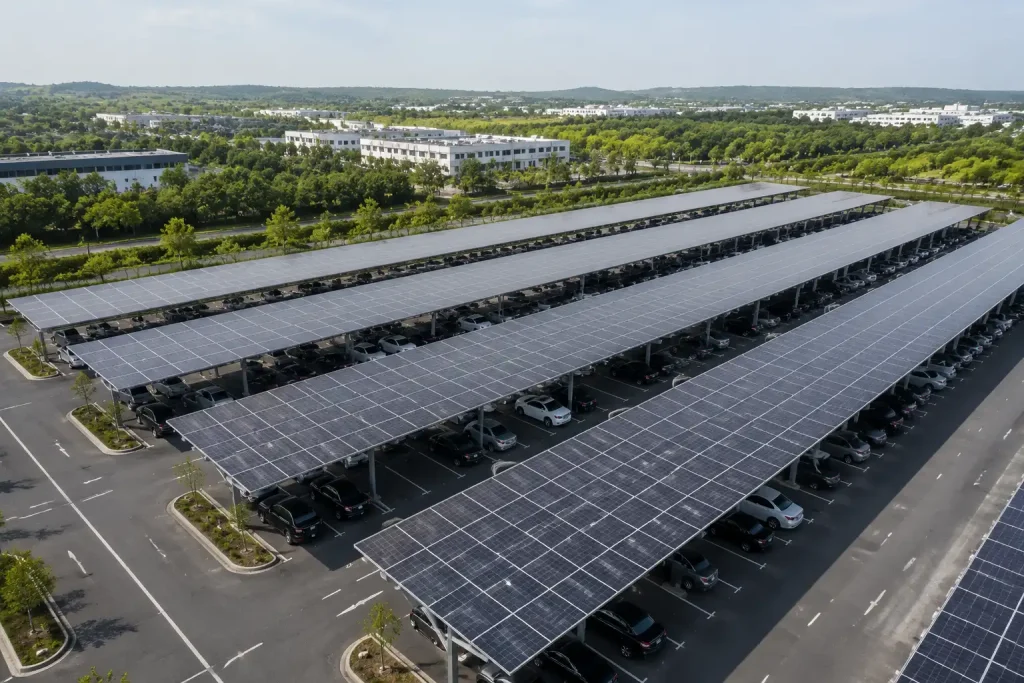 Commercial solar carport mounting structures designed and produced by SR Solar factory