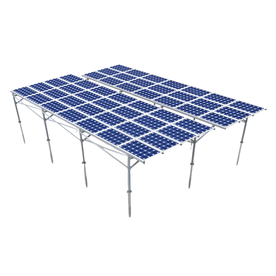 Perspective rendering of SR Solar dual-row ordinary ground type agricultural solar panel mounting structure.