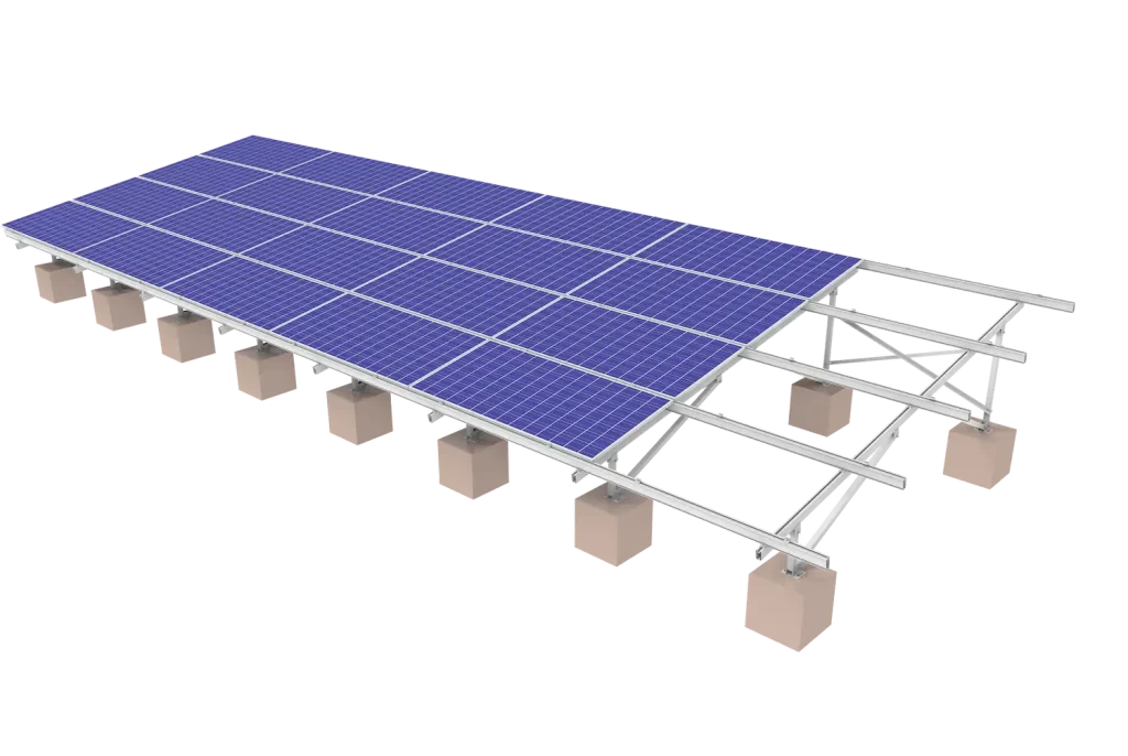 SR Solar aluminum solar mounting system installed on concrete block foundations for flat roof or ground projects.