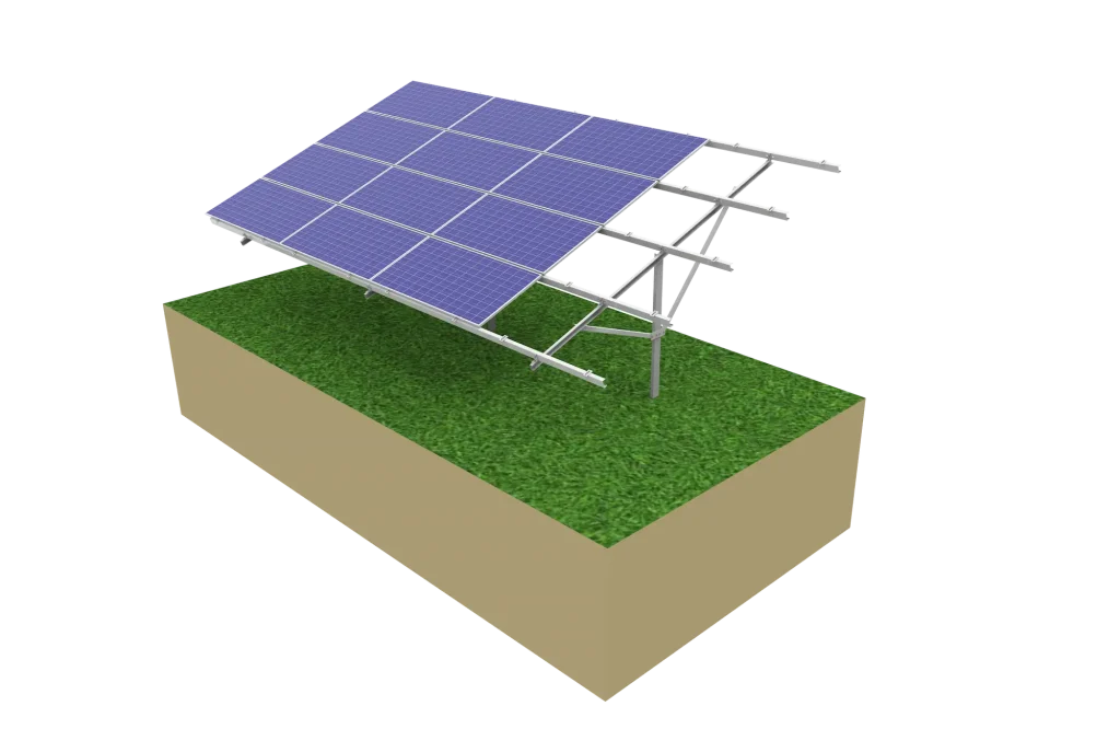 3D rendering of a solar panel array installed on a grass field using an SR Solar driven pile ground mounting system