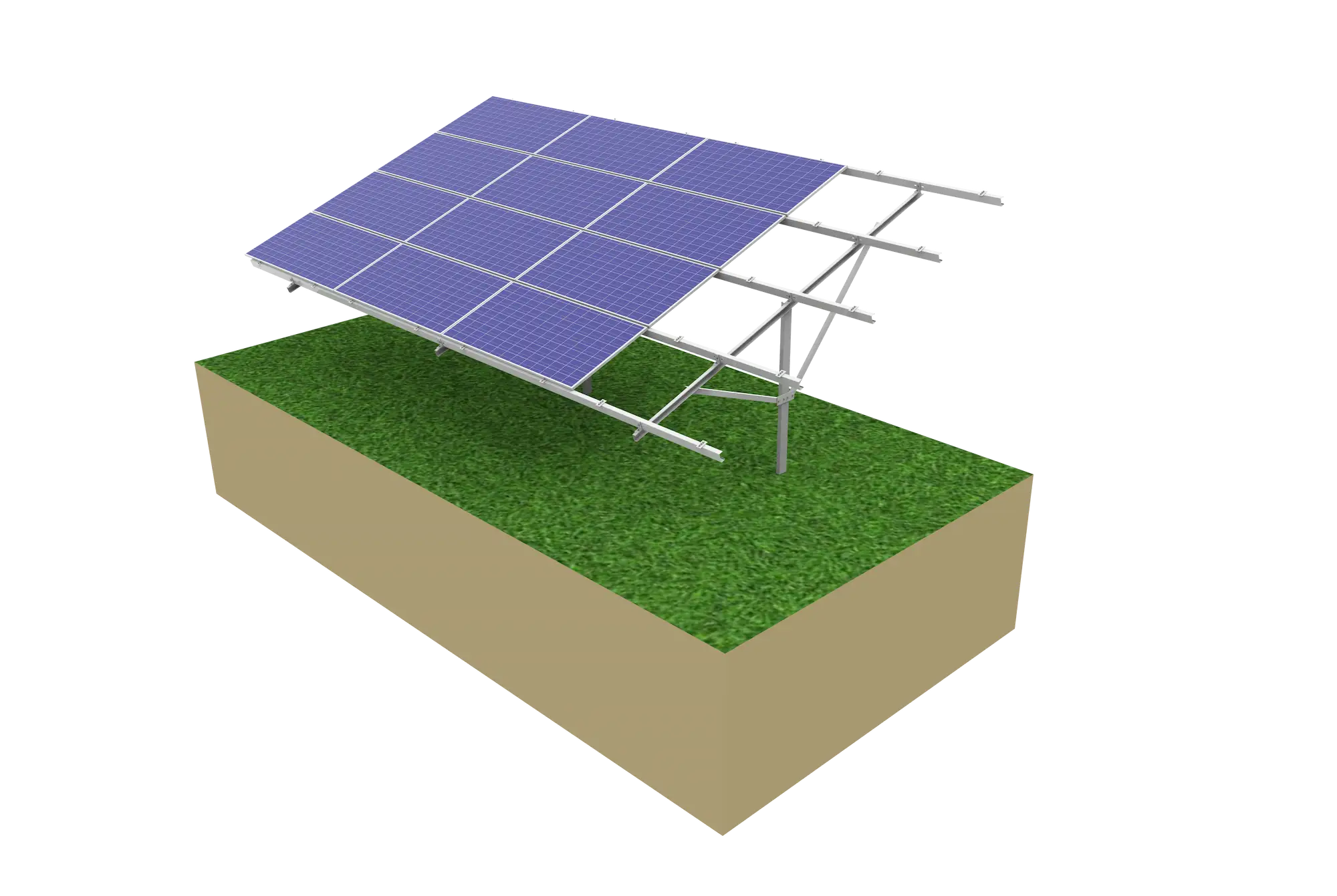 3D rendering of a solar panel array installed on a grass field using an SR Solar driven pile ground mounting system