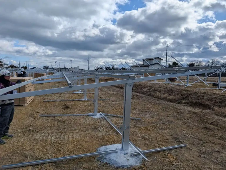 SR Solar concrete foundation ground mounting rack under construction for a 1.47MW project in Fukushima Japan.
