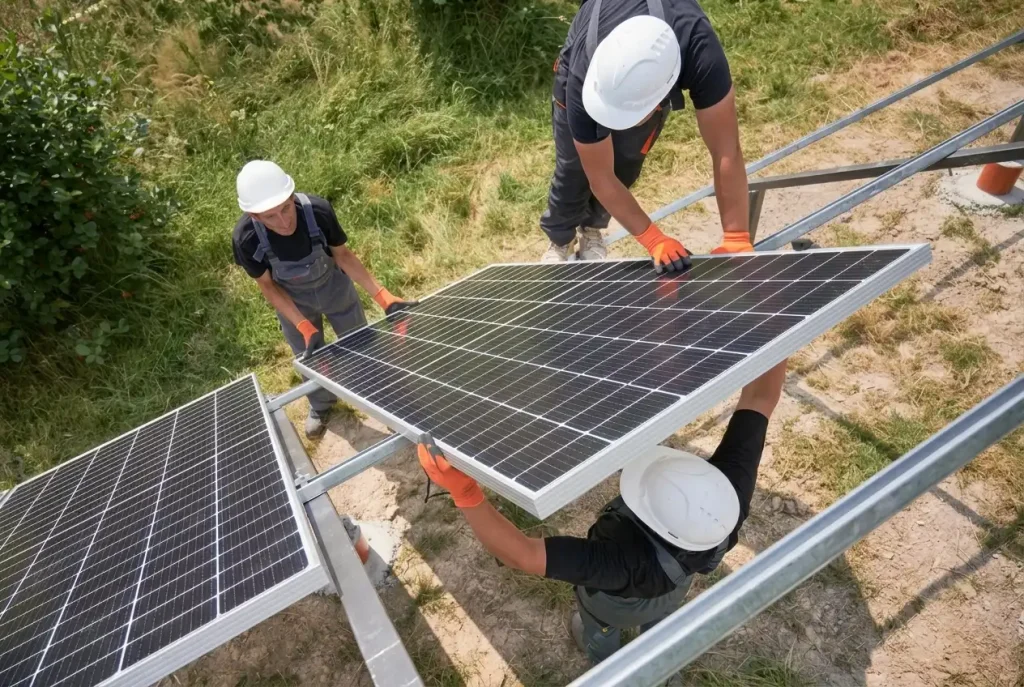 Professional installers setting up a solar panel on an SR Solar ground mounting system at a project site.